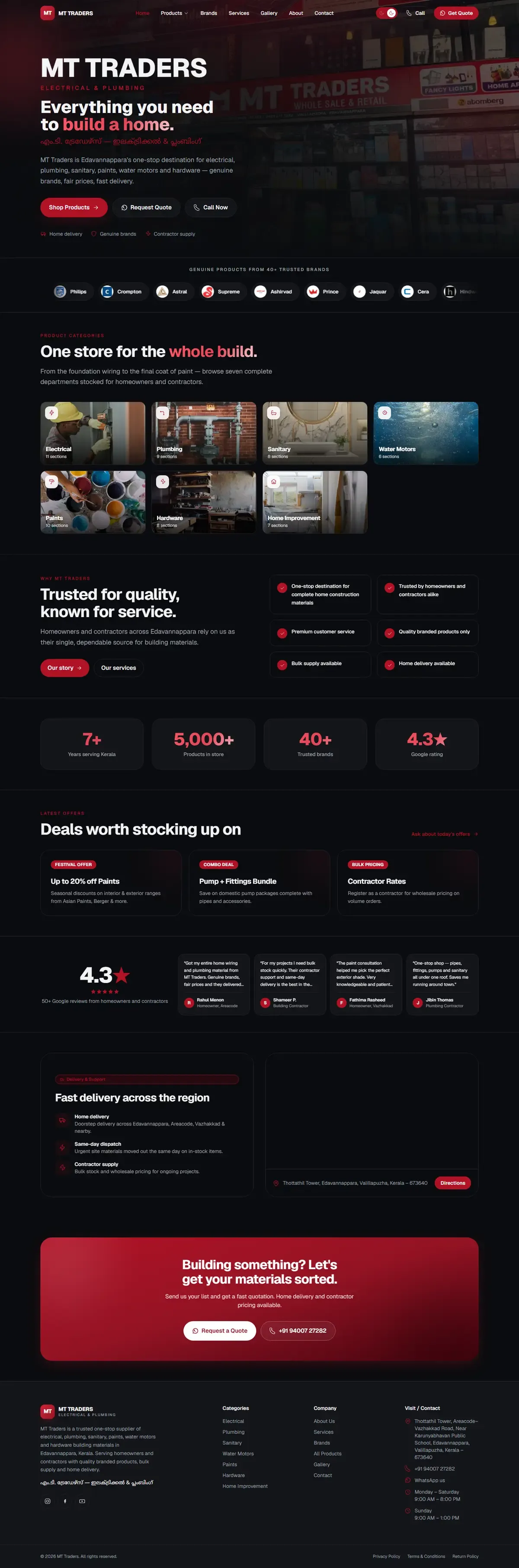 Full page of the MT Traders website on desktop, dark theme