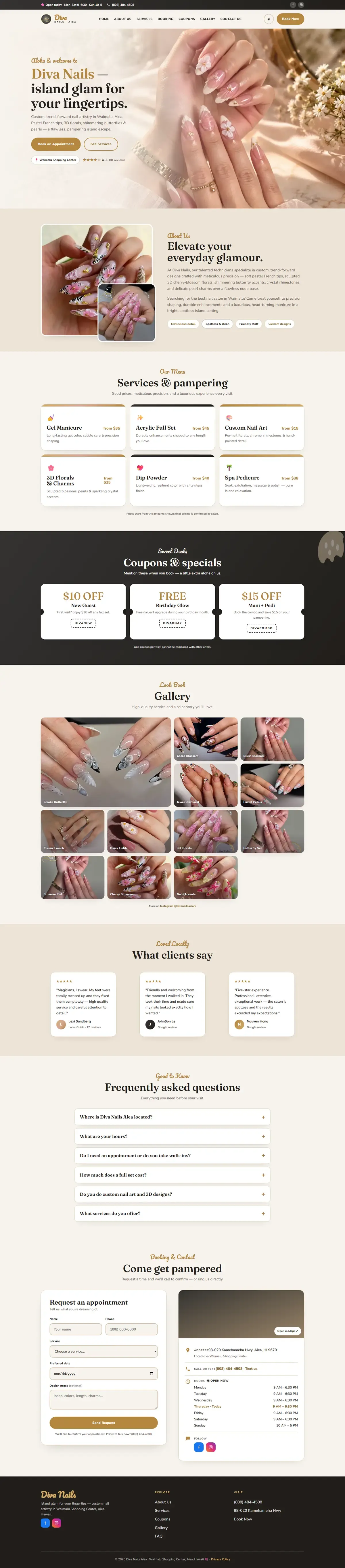 Full page of the Diva Nails website on desktop