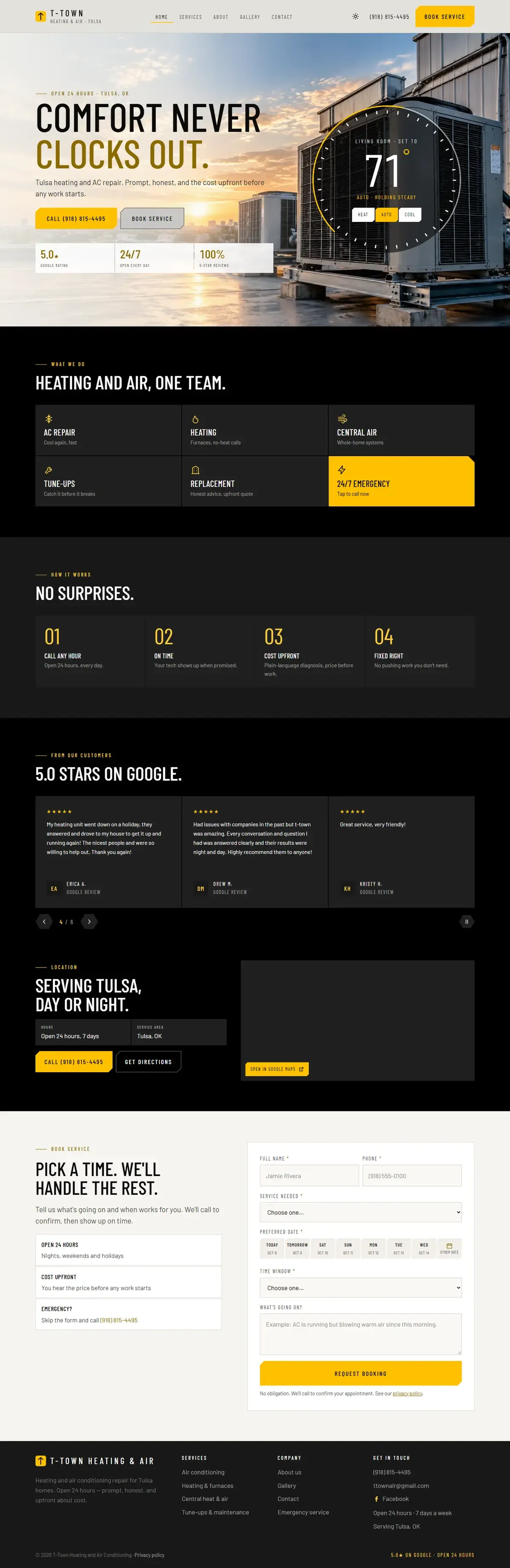 Full page of the T-Town HVAC website on desktop