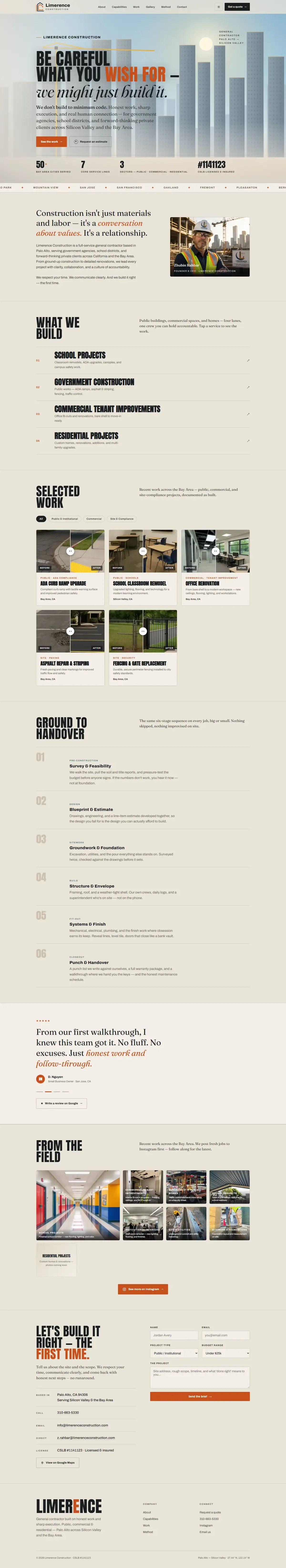 Full page of the Limerence Construction website on desktop