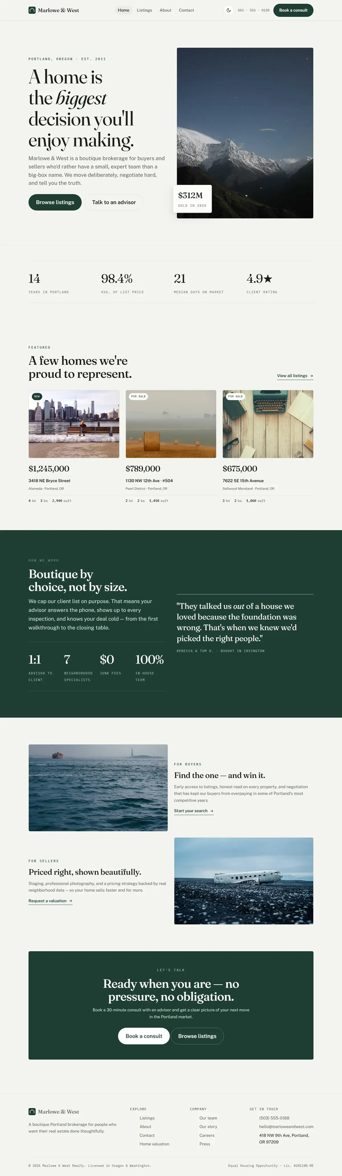 Full page of the Marlowe & West website on desktop