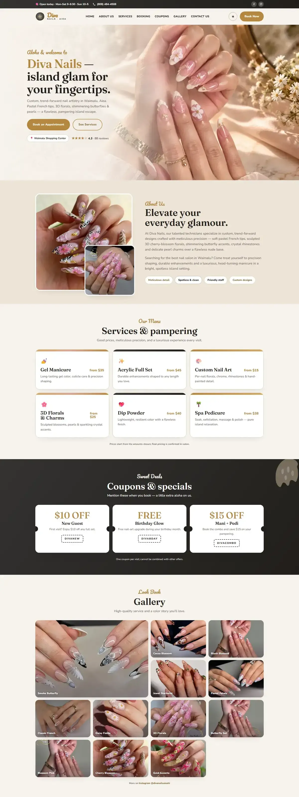 The Diva Nails concept website homepage